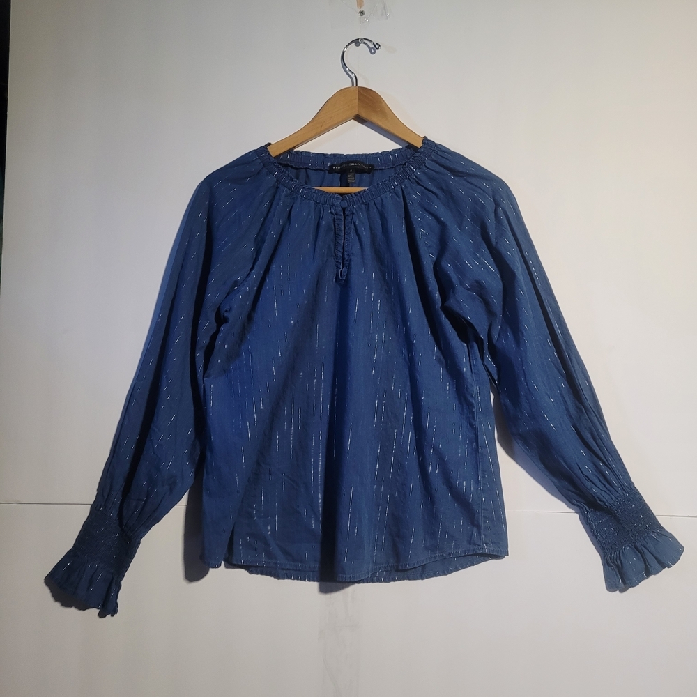 White House Black Market Navy Blouse with Subtle Stripes